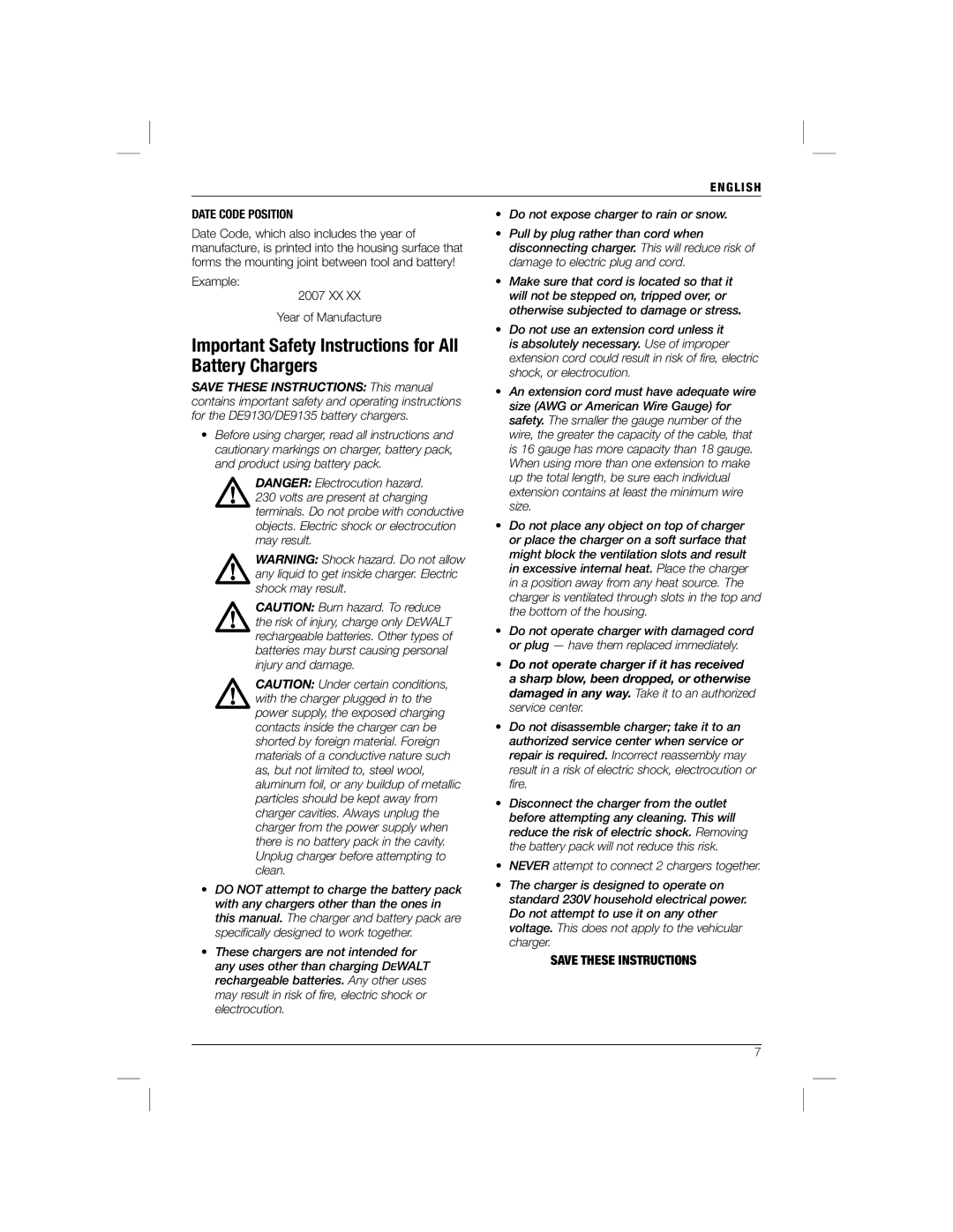 DeWalt DC825B manual Important Safety Instructions for All Battery Chargers 