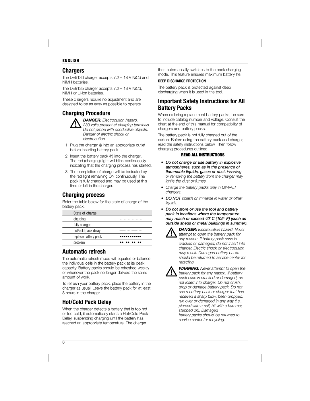 DeWalt DC825B manual Chargers, Charging Procedure, Charging process, Automatic refresh, Hot/Cold Pack Delay 