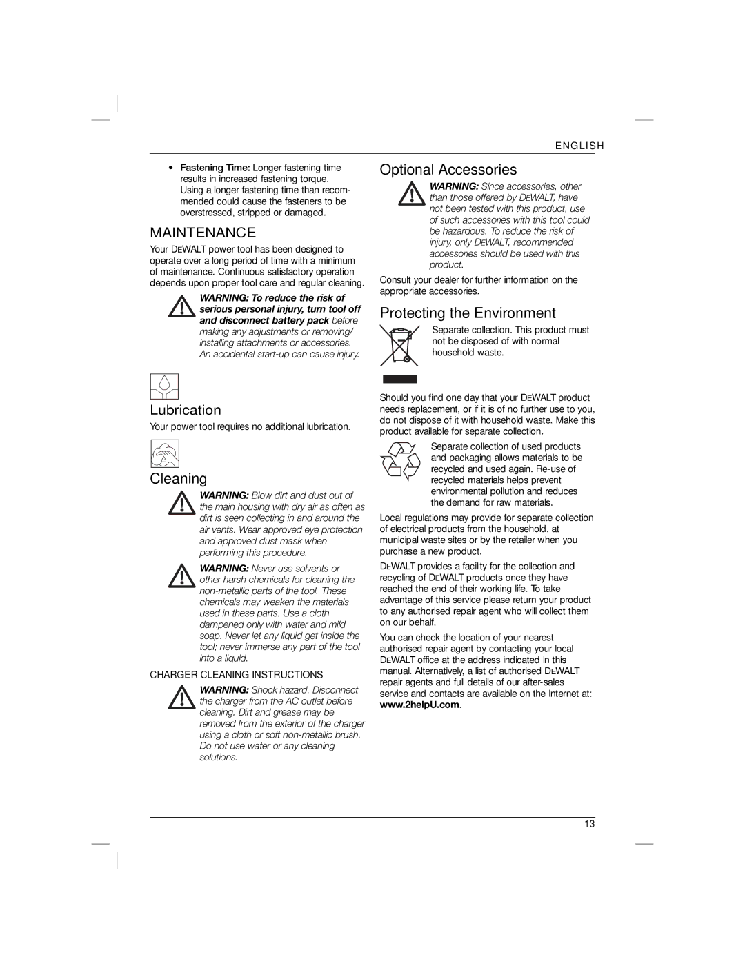 DeWalt DC835KAR, DC825KAR manual Optional Accessories, Protecting the Environment, Charger Cleaning Instructions 