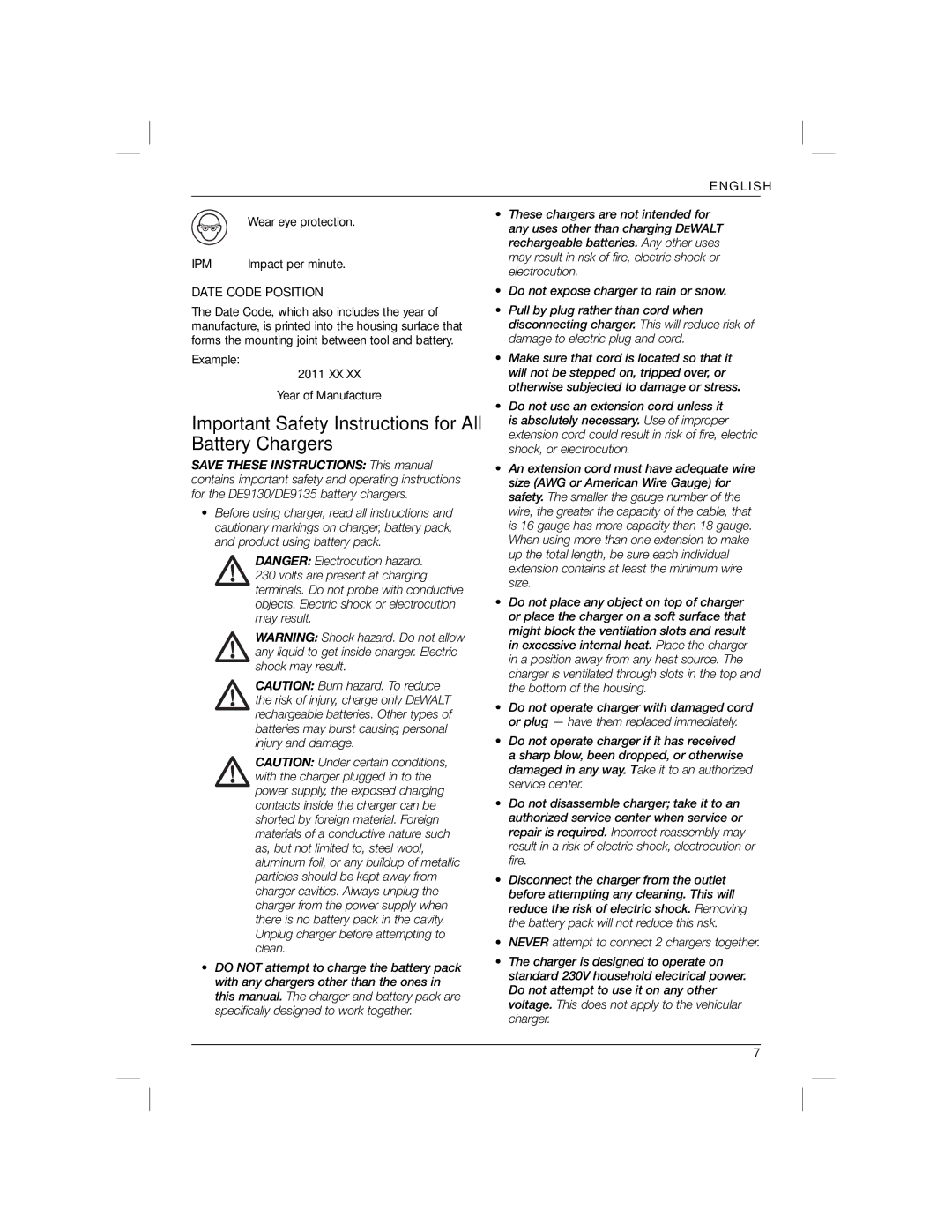 DeWalt DC835KAR, DC825KAR manual Important Safety Instructions for All Battery Chargers, Ipm, Date Code Position 