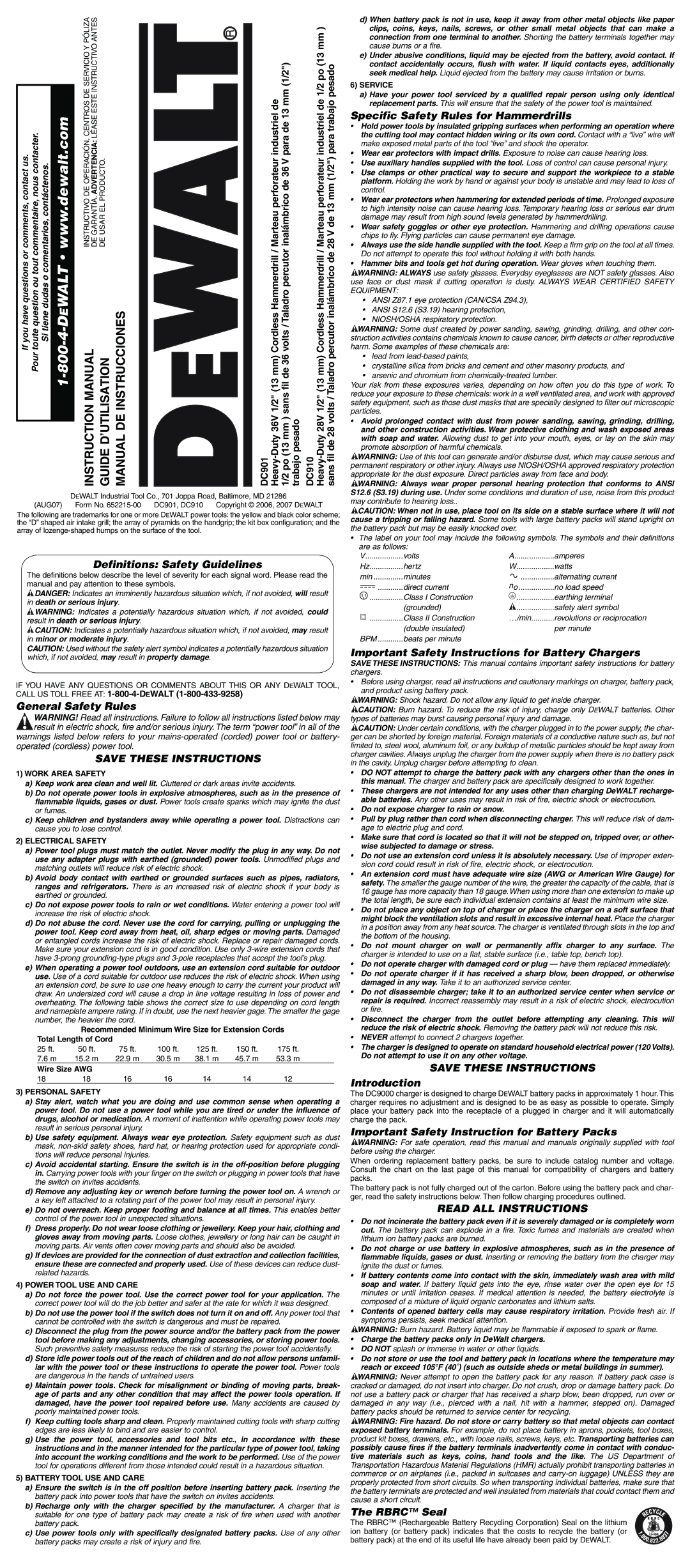 DeWalt DC910, DC901, 652215-00 instruction manual Read ALL Instructions 