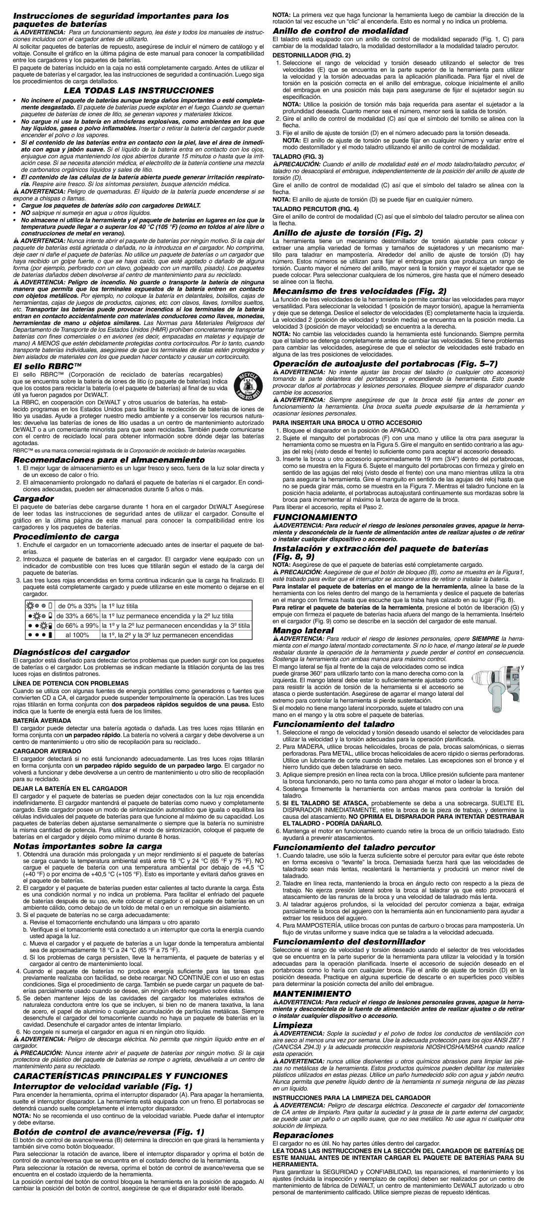 DeWalt DC901, DC910, 652215-00 instruction manual LEA Todas LAS Instrucciones, Funcionamiento, Mantenimiento 