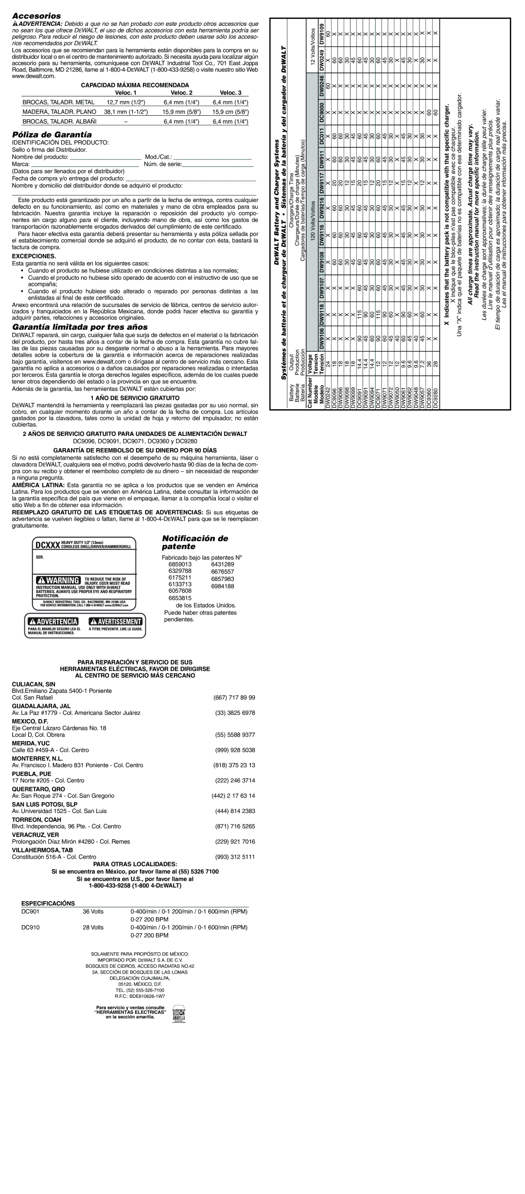 DeWalt DC910, DC901 Accesorios, Póliza de Garantía, Garantía limitada por tres años, Notificación de patente, Dewalt 