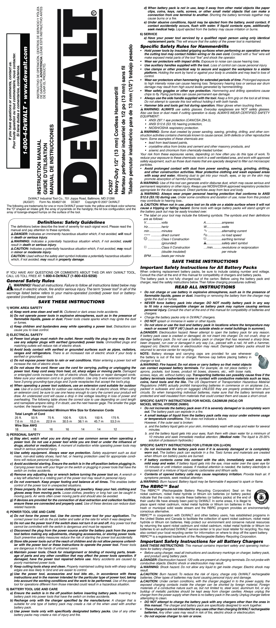 DeWalt DC927 instruction manual Read ALL Instructions 