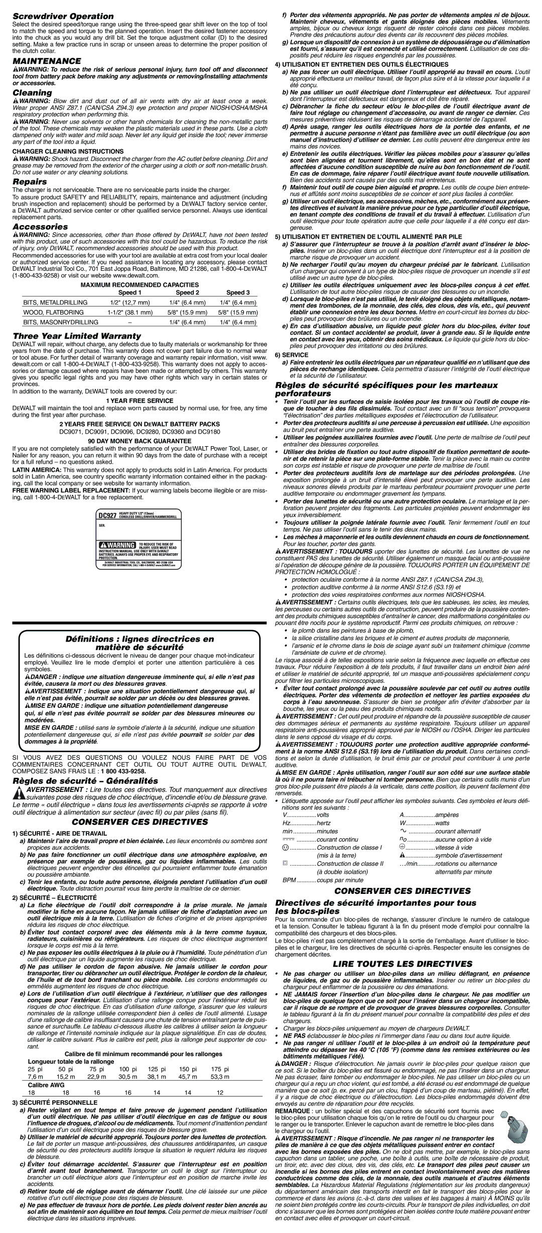 DeWalt DC927 instruction manual Maintenance, Conserver CES Directives, Lire Toutes LES Directives 