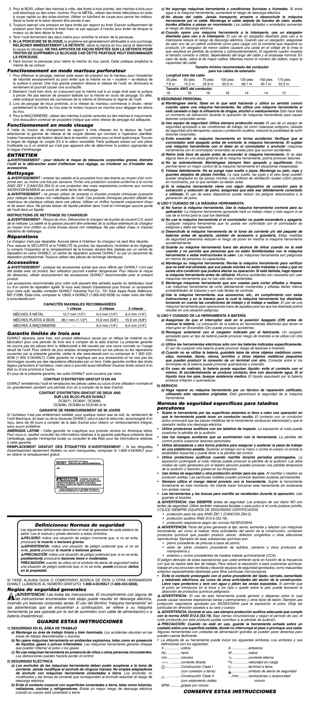 DeWalt DC927 instruction manual Entretien, Guarde Estas Instrucciones, Conserve Estas Instrucciones 