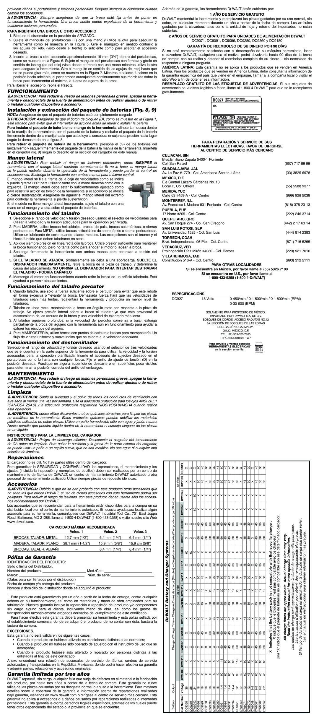 DeWalt DC927 instruction manual Funcionamiento, Mantenimiento 