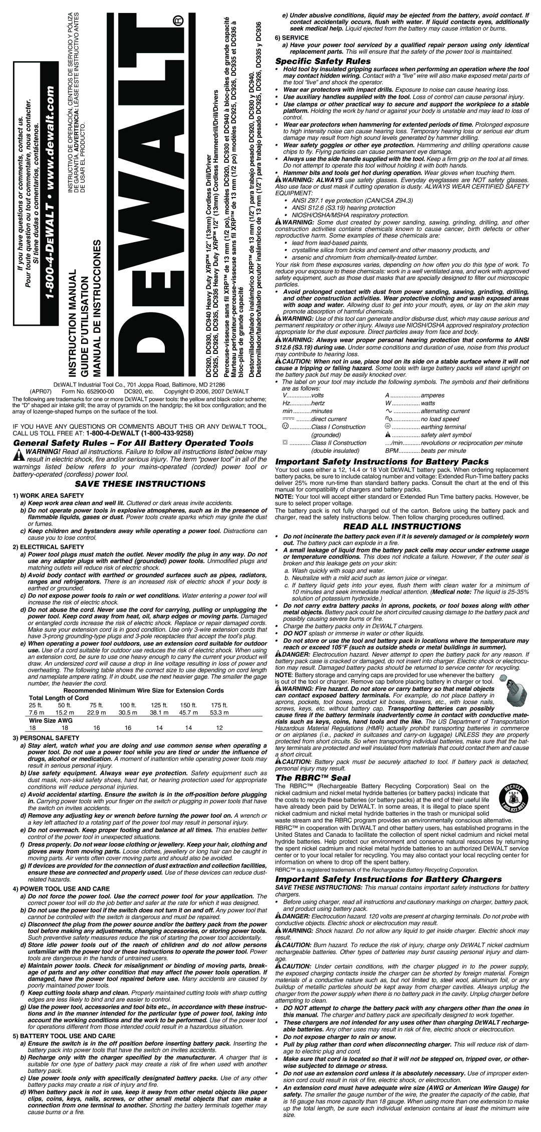 DeWalt DC920, DC936, DC926, DC940, DC935, DC925, DC930 instruction manual Read ALL Instructions 