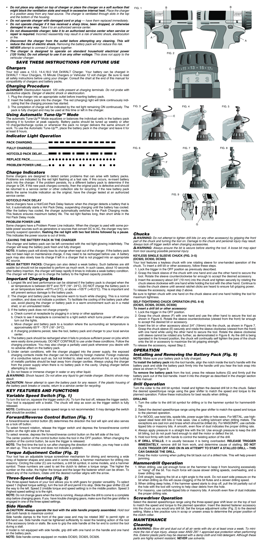 DeWalt DC926, DC936, DC920, DC940 Save These Instructions for Future USE, KEY Features and Functions, Operation, Maintenance 