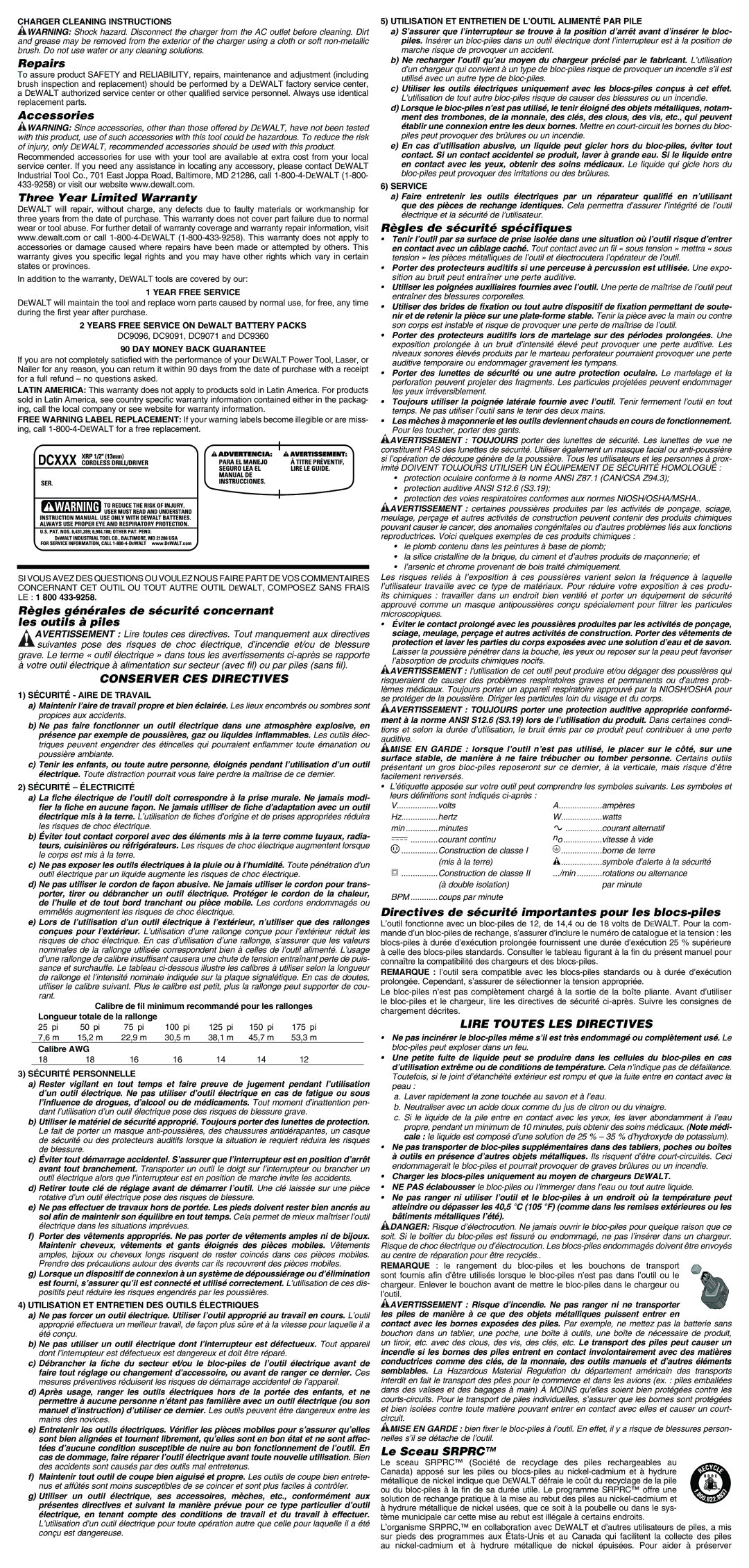 DeWalt DC940, DC936, DC920, DC926, DC935, DC925, DC930 instruction manual Conserver CES Directives, Lire Toutes LES Directives 