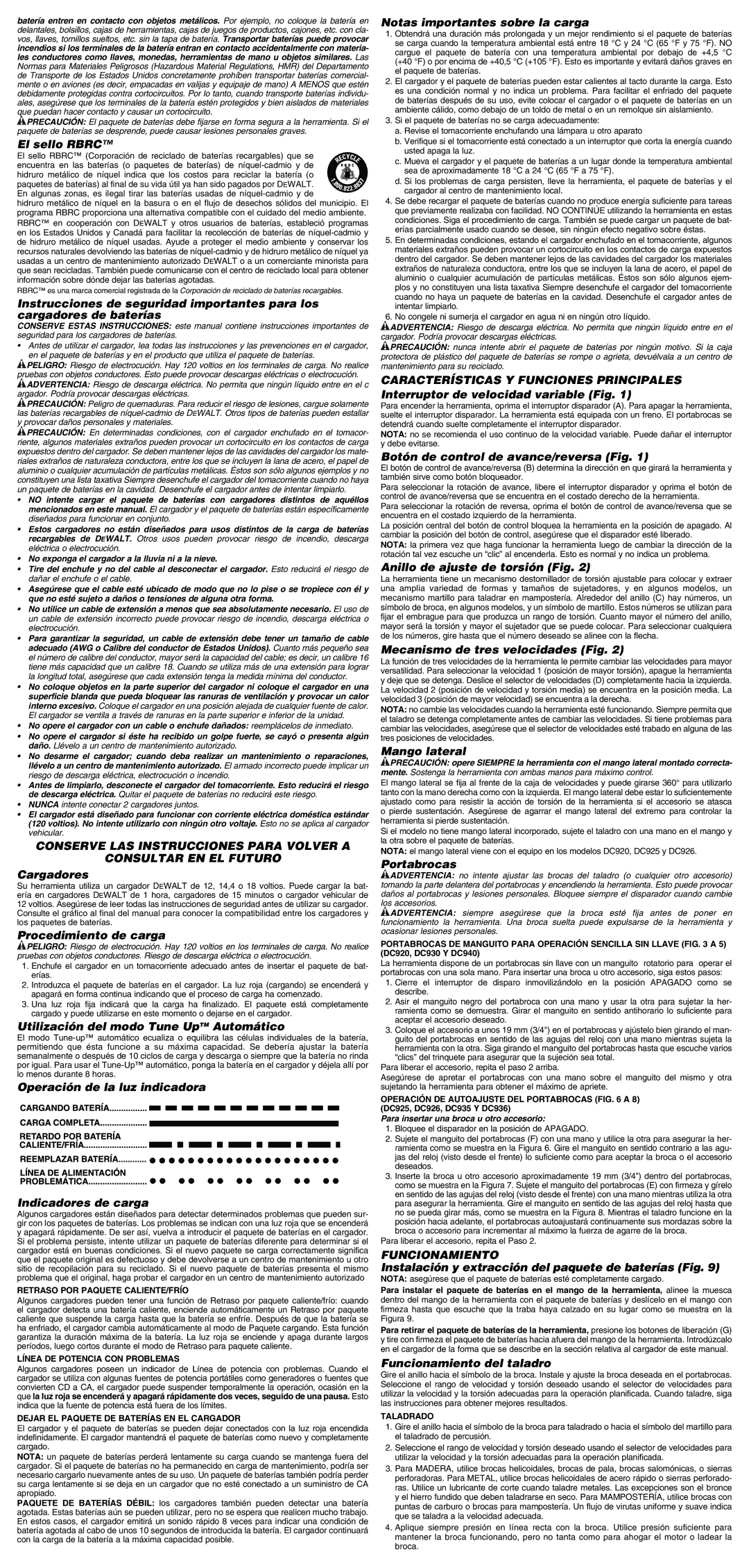 DeWalt DC930, DC936, DC920, DC926, DC940, DC935, DC925 instruction manual Funcionamiento 