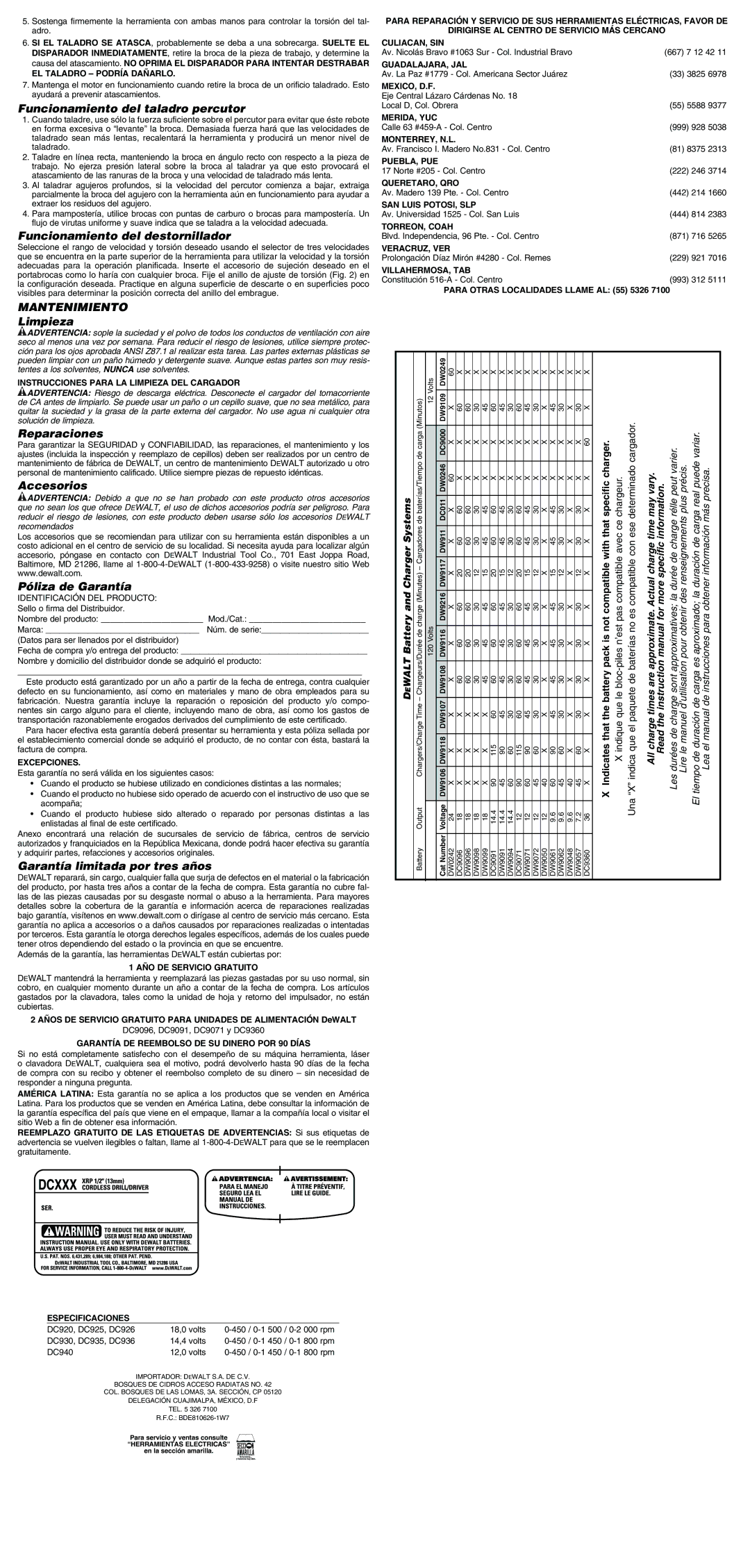 DeWalt DC936, DC920, DC926, DC940, DC935, DC925, DC930 instruction manual Mantenimiento 