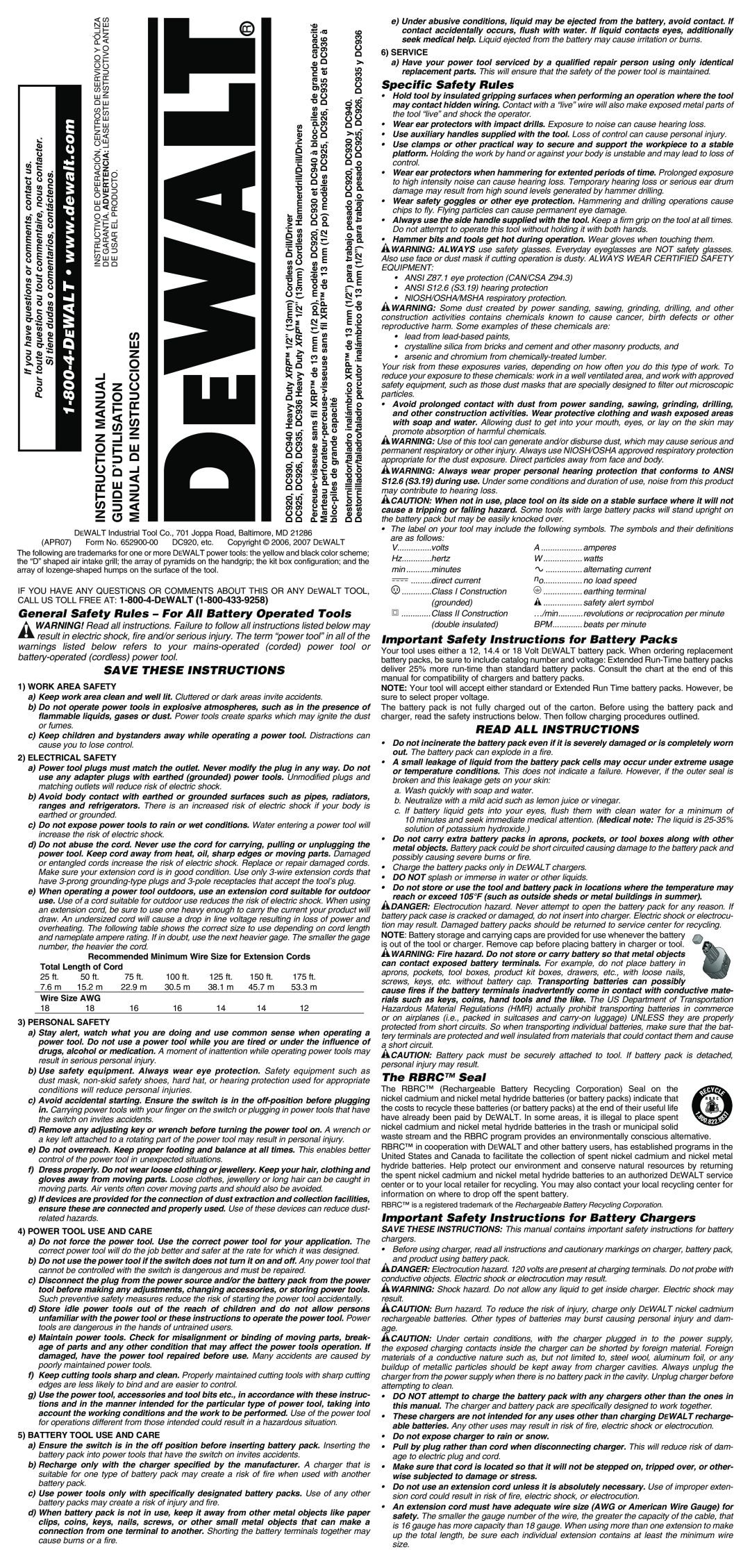 DeWalt DC920, DC936 instruction manual General Safety Rules - For All Battery Operated Tools, Save These Instructions 