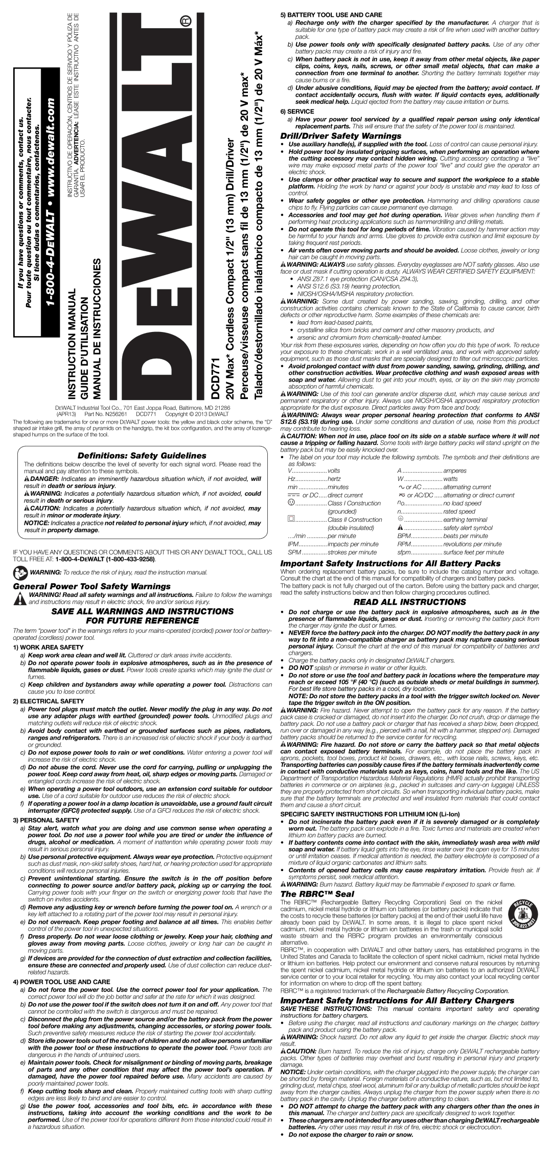 DeWalt DCD771C2R instruction manual Save ALL Warnings and Instructions For Future Reference, Read ALL Instructions 