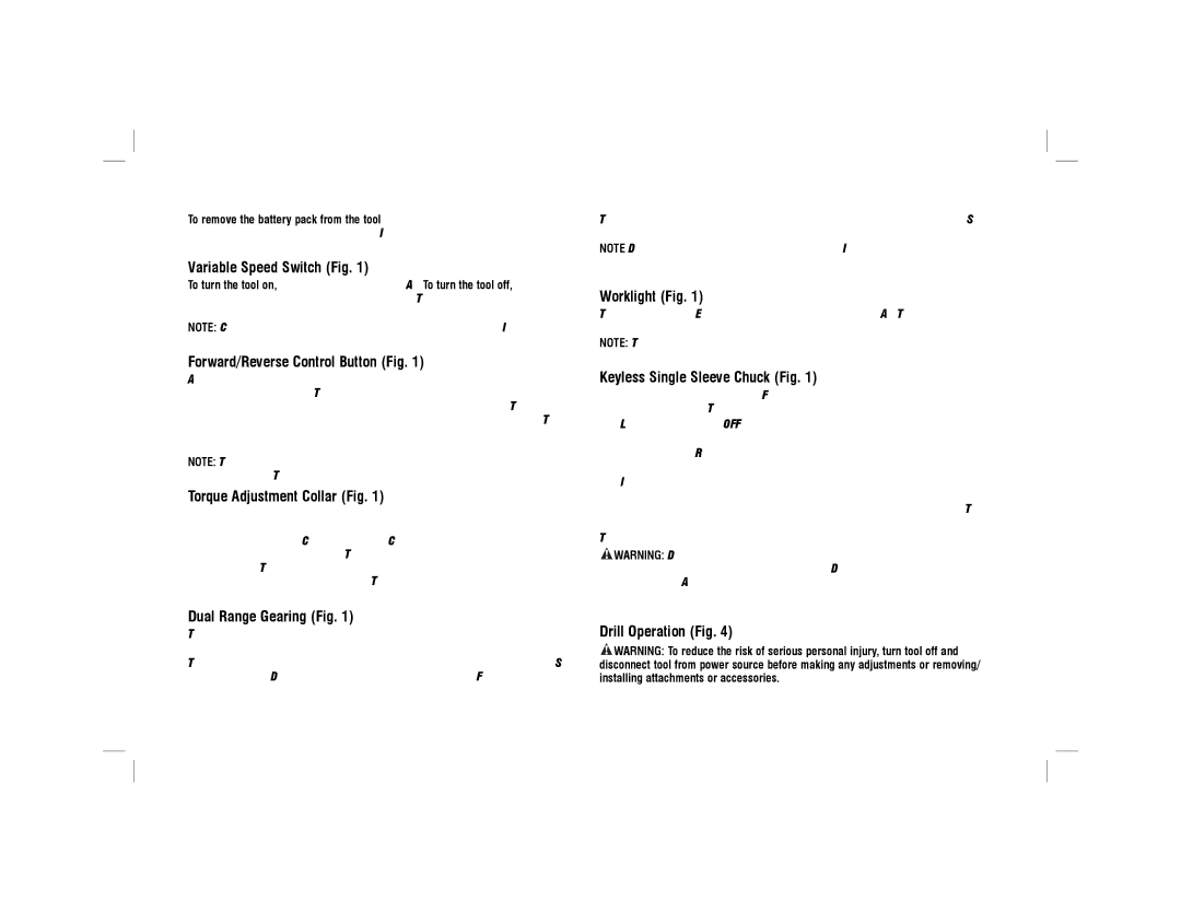 DeWalt DCD775KLR Variable Speed Switch Fig, Forward/Reverse Control Button Fig, Torque Adjustment Collar Fig 