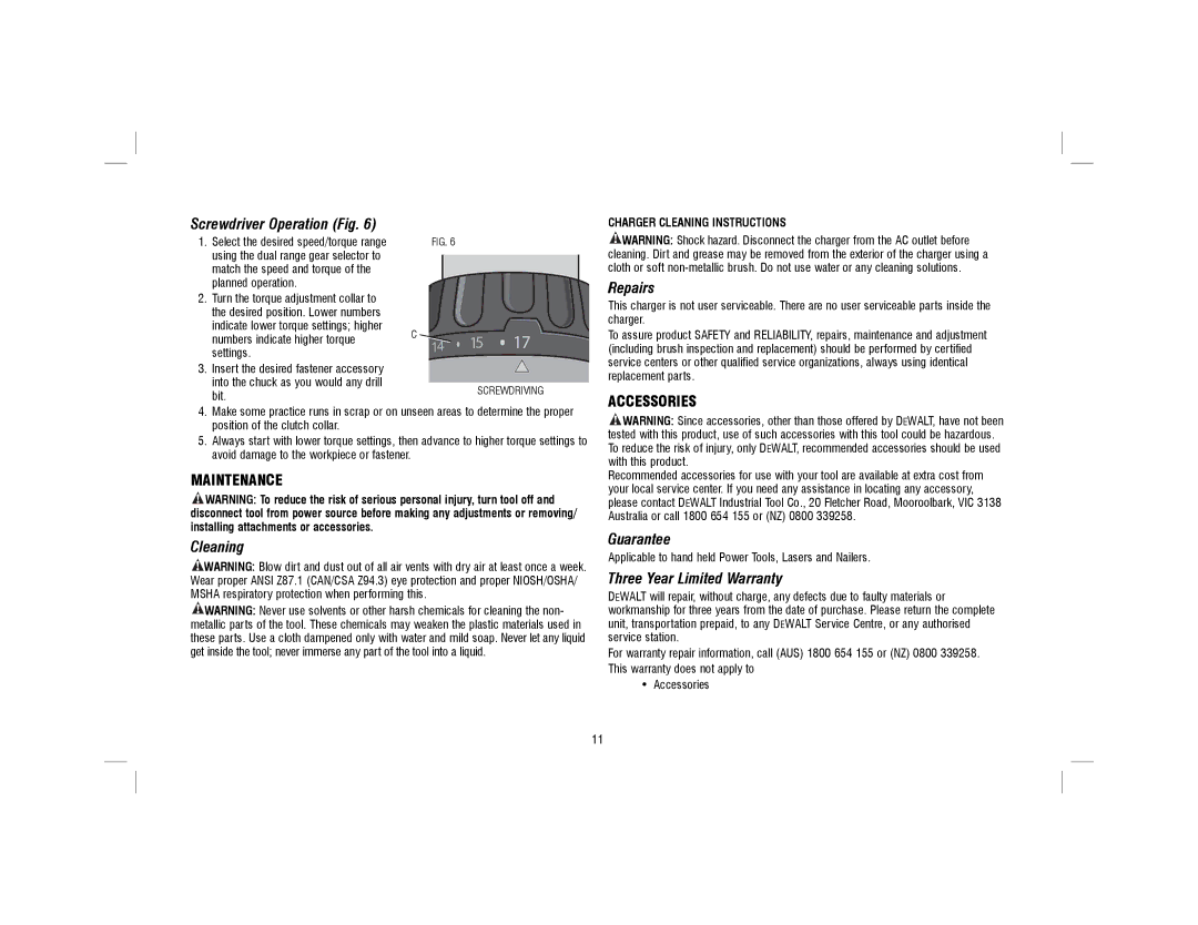 DeWalt DCD775KLR instruction manual Screwdriver Operation Fig, Repairs, Cleaning, Guarantee, Three Year Limited Warranty 