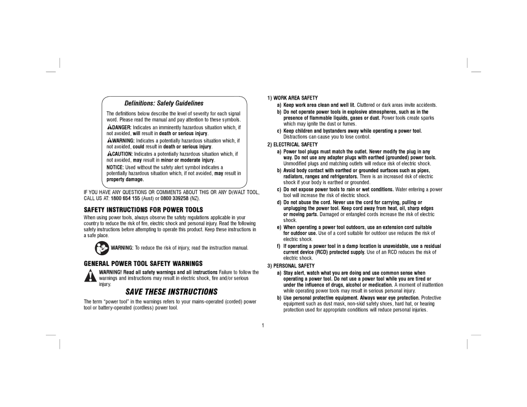 DeWalt DCD775KLR instruction manual Definitions Safety Guidelines, Work Area Safety, Electrical Safety, Personal Safety 