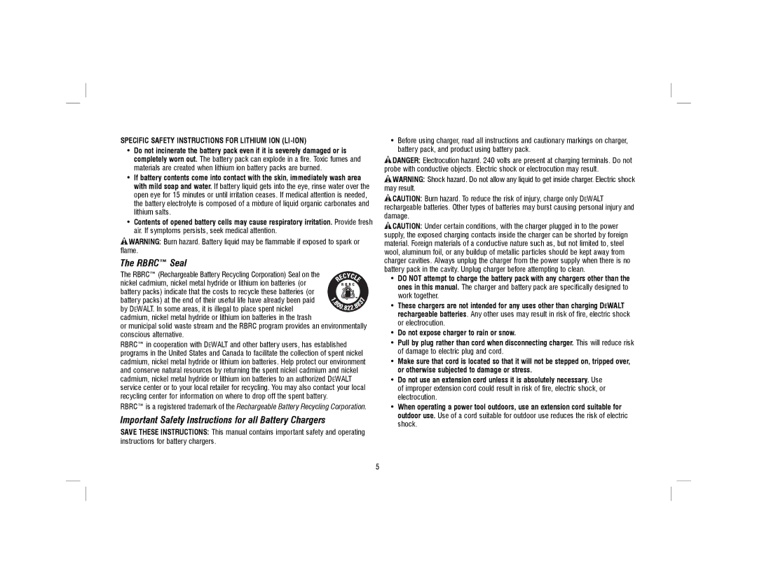 DeWalt DCD775KLR instruction manual Rbrc Seal, Important Safety Instructions for all Battery Chargers 