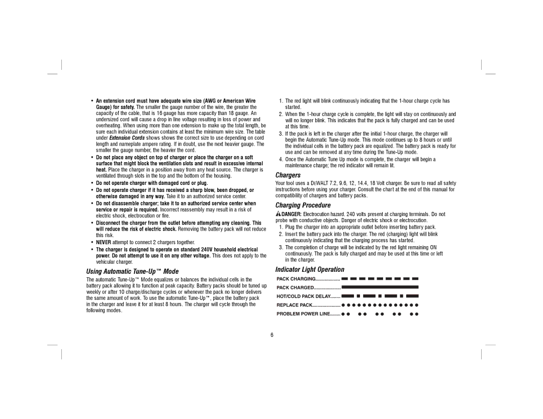 DeWalt DCD775KLR instruction manual Using Automatic Tune-Up Mode, Chargers, Charging Procedure, Indicator Light Operation 