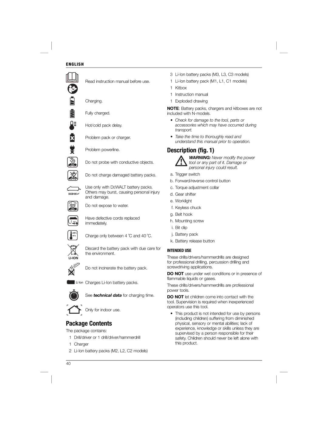 DeWalt DCD785C2R manual Package Contents, Description ﬁg 