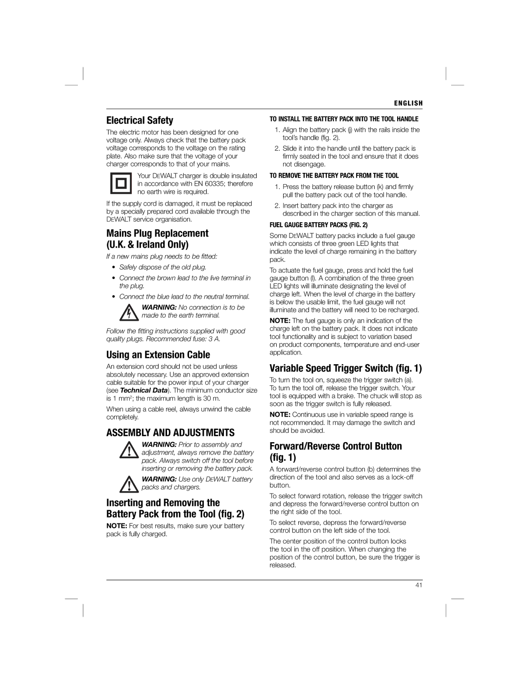 DeWalt DCD785C2R Electrical Safety, Using an Extension Cable, Assembly and Adjustments, Variable Speed Trigger Switch ﬁg 