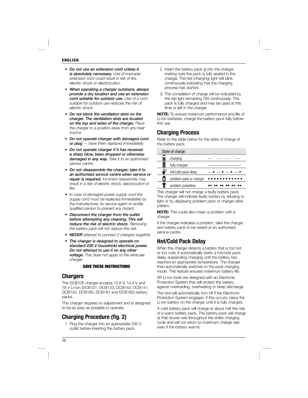 DeWalt DCD785C2R manual Chargers, Charging Procedure ﬁg, Charging Process, Hot/Cold Pack Delay 