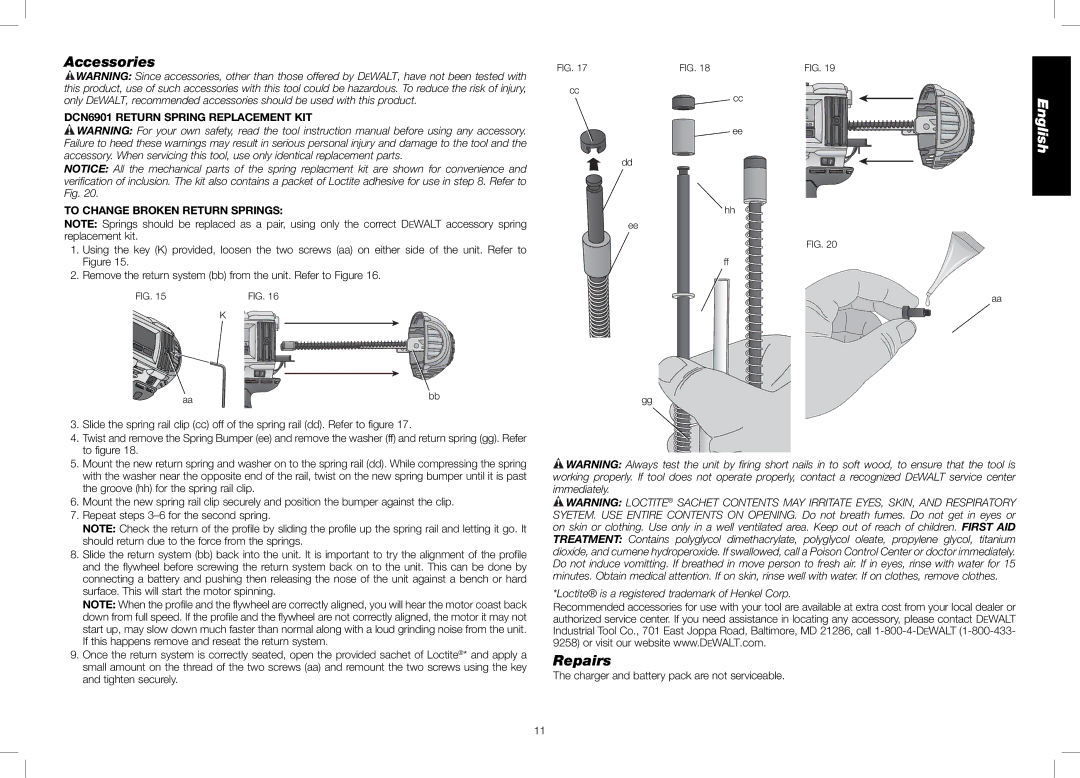 DeWalt DCN690, DCN692 instruction manual Accessories, Repairs, Charger and battery pack are not serviceable 