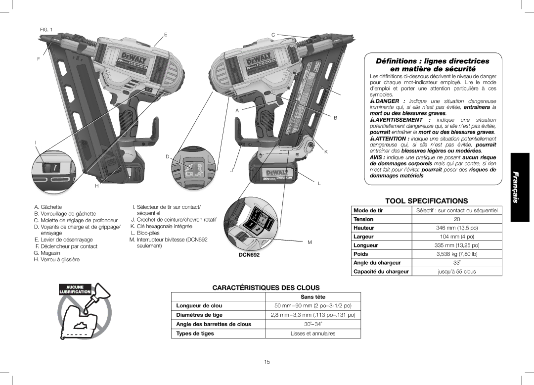 DeWalt DCN690, DCN692 instruction manual Déﬁnitions lignes directrices En matière de sécurité, Français 