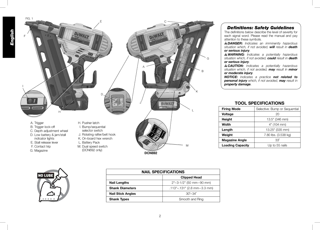 DeWalt DCN692 Deﬁnitions Safety Guidelines, Trigger Pusher latch Trigger lock-off, Depth adjustment wheel, Magazine 