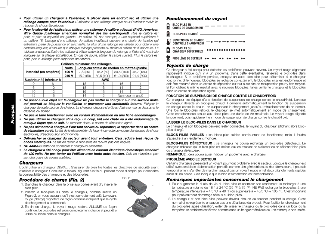 DeWalt DCN692, DCN690 instruction manual Chargeurs, Procédure de charge Fig, Fonctionnement du voyant Voyants de charge 