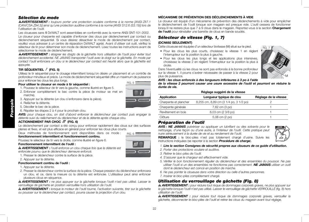 DeWalt DCN692 Sélection du mode, Sélecteur de vitesse, Préparation de l’outil, Utilisation du verrouillage de gâchette Fig 