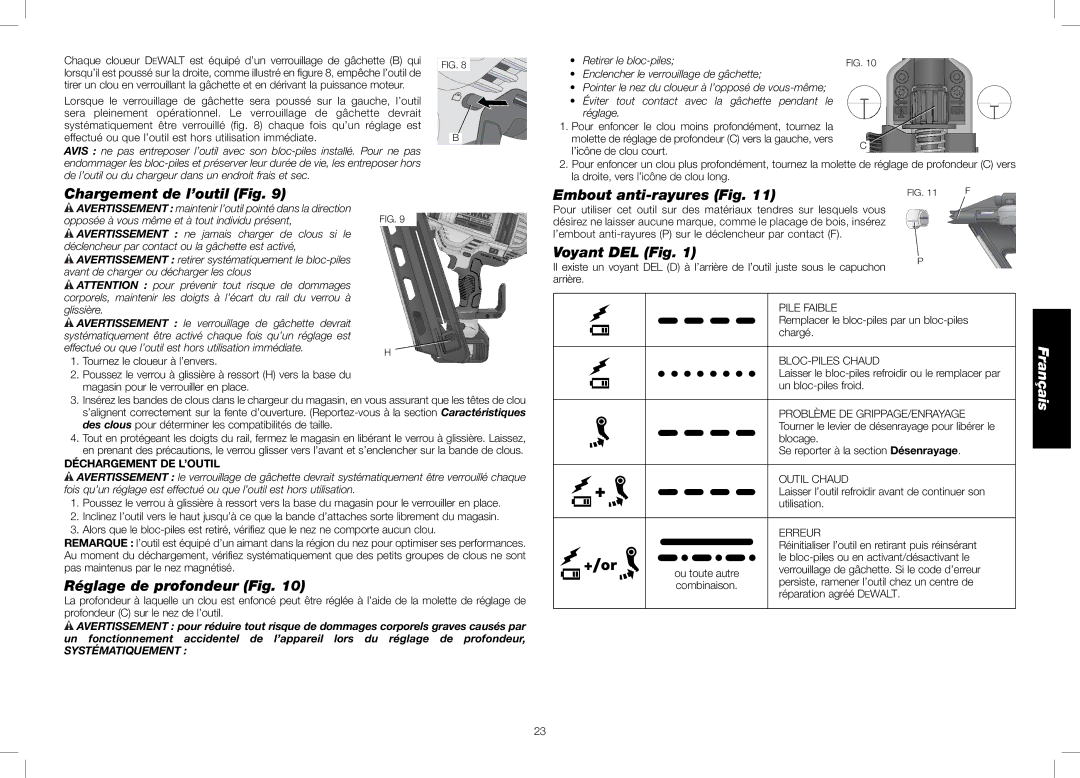 DeWalt DCN690, DCN692 Chargement de l’outil Fig, Embout anti-rayures Fig, Voyant DEL Fig, Réglage de profondeur Fig 