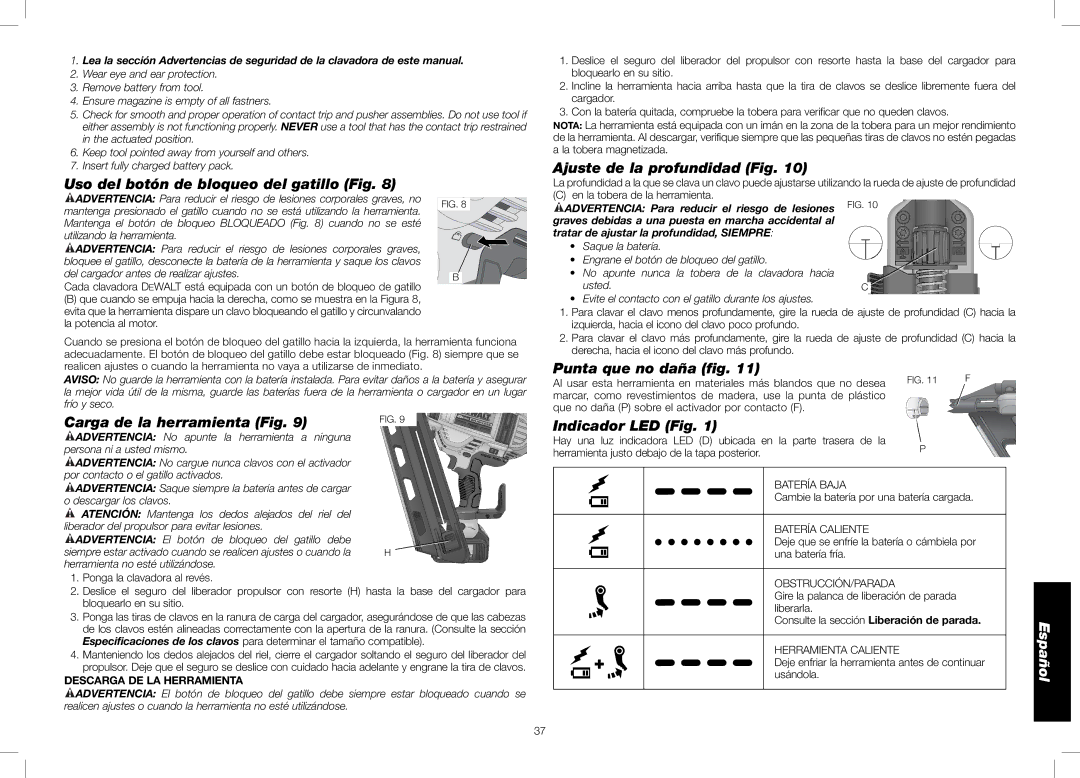 DeWalt DCN690, DCN692 Uso del botón de bloqueo del gatillo Fig, Ajuste de la profundidad Fig, Carga de la herramienta Fig 