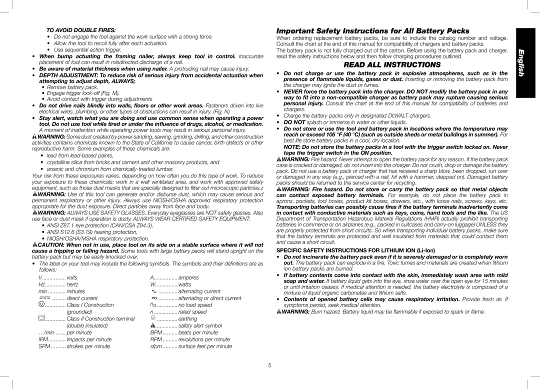 DeWalt DCN690, DCN692 instruction manual Important Safety Instructions for All Battery Packs, Read ALL Instructions 