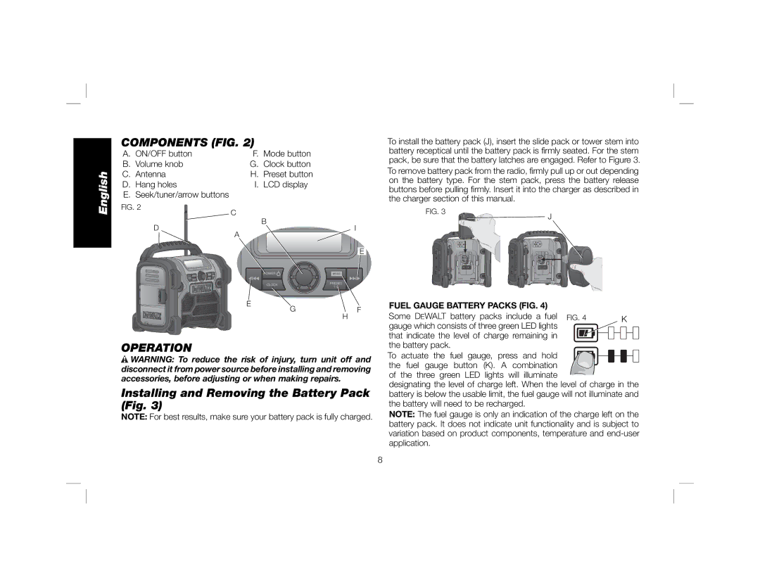 DeWalt DCR018 Components FIG, Operation, Installing and Removing the Battery Pack Fig, Fuel Gauge Battery Packs FIG 