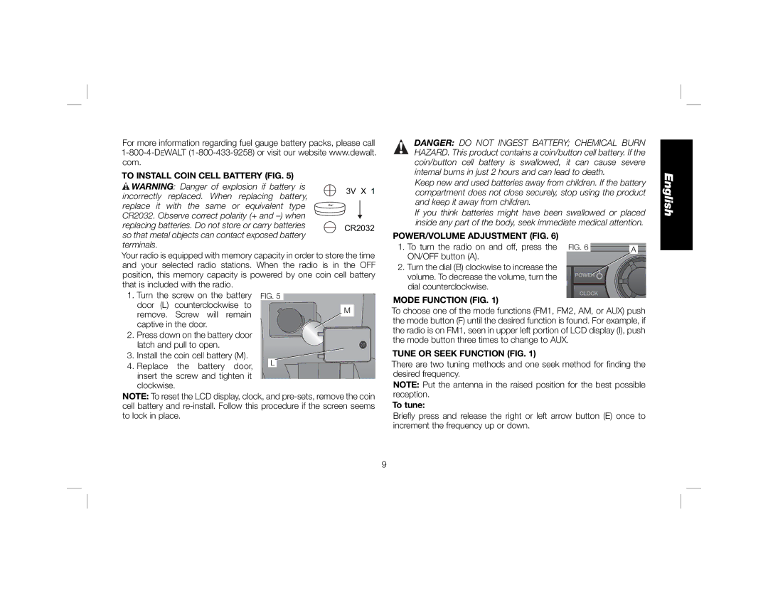 DeWalt DCR018 To Install Coin Cell Battery FIG, POWER/VOLUME Adjustment FIG, Mode Function FIG, Tune or Seek Function FIG 