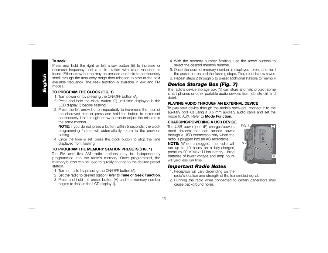 DeWalt DCR018 instruction manual Device Storage Box Fig, Important Radio Notes 