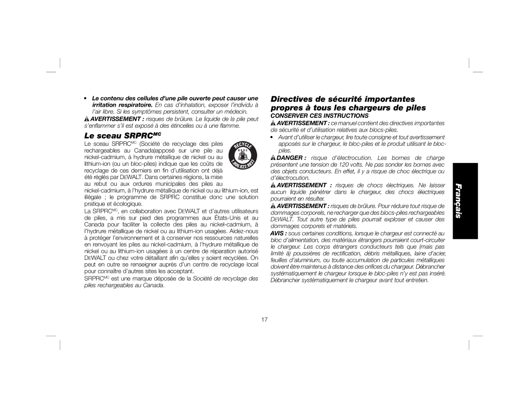 DeWalt DCR018 instruction manual Le sceau Srprcmc, Conserver CES Instructions 