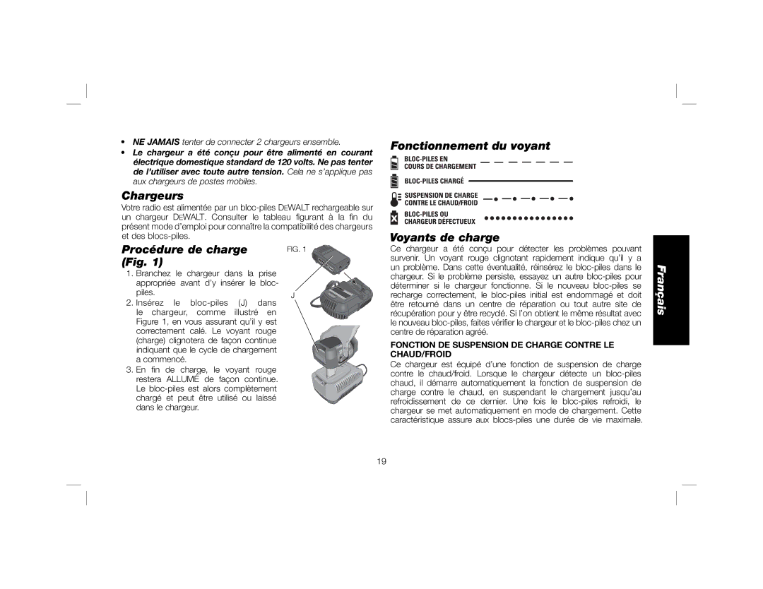 DeWalt DCR018 instruction manual Fonctionnement du voyant, Chargeurs, Procédure de charge Fig, Voyants de charge 