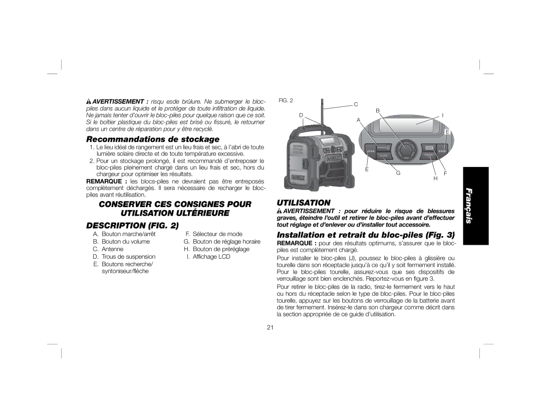 DeWalt DCR018 instruction manual Recommandations de stockage, Utilisation, Installation et retrait du bloc-piles Fig 