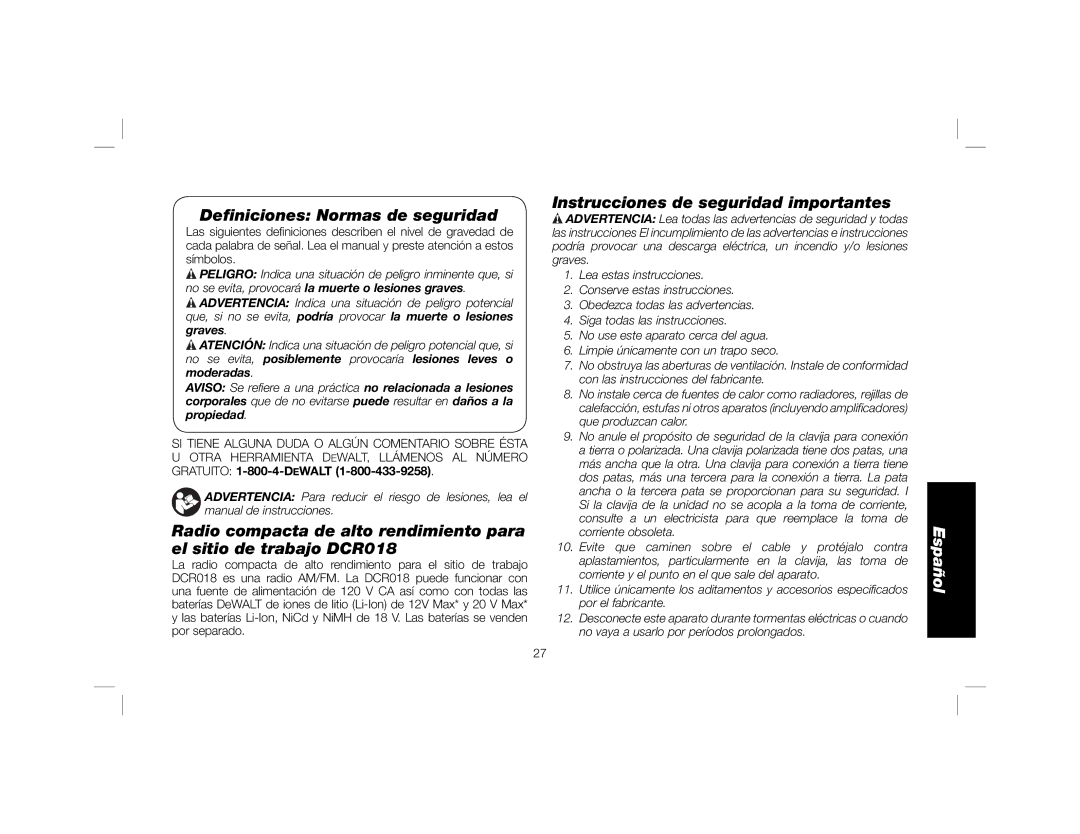 DeWalt DCR018 instruction manual Deﬁniciones Normas de seguridad, Instrucciones de seguridad importantes 