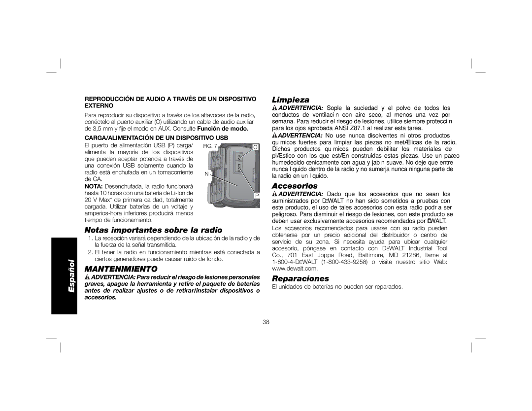 DeWalt DCR018 instruction manual Limpieza, Accesorios, Notas importantes sobre la radio, Mantenimiento, Reparaciones 