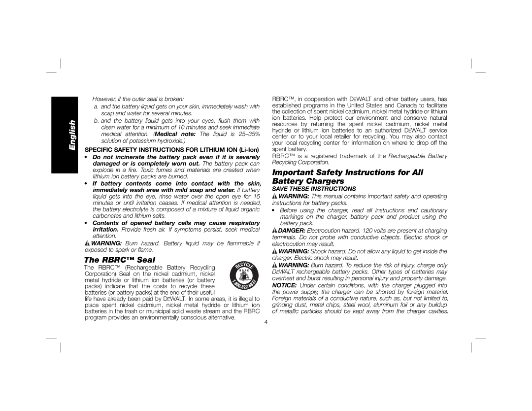 DeWalt DCR018 instruction manual Rbrc Seal, Important Safety Instructions for All Battery Chargers 