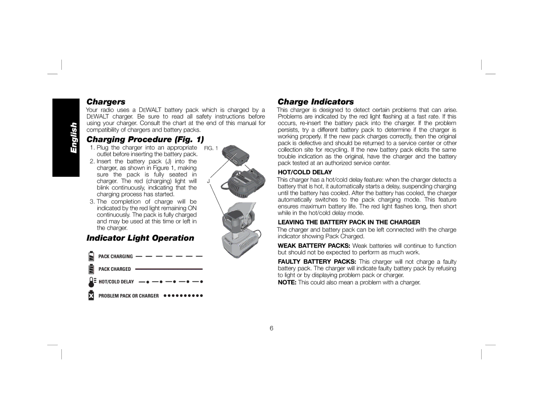 DeWalt DCR018 instruction manual Chargers, Charging Procedure Fig, Indicator Light Operation, Charge Indicators 