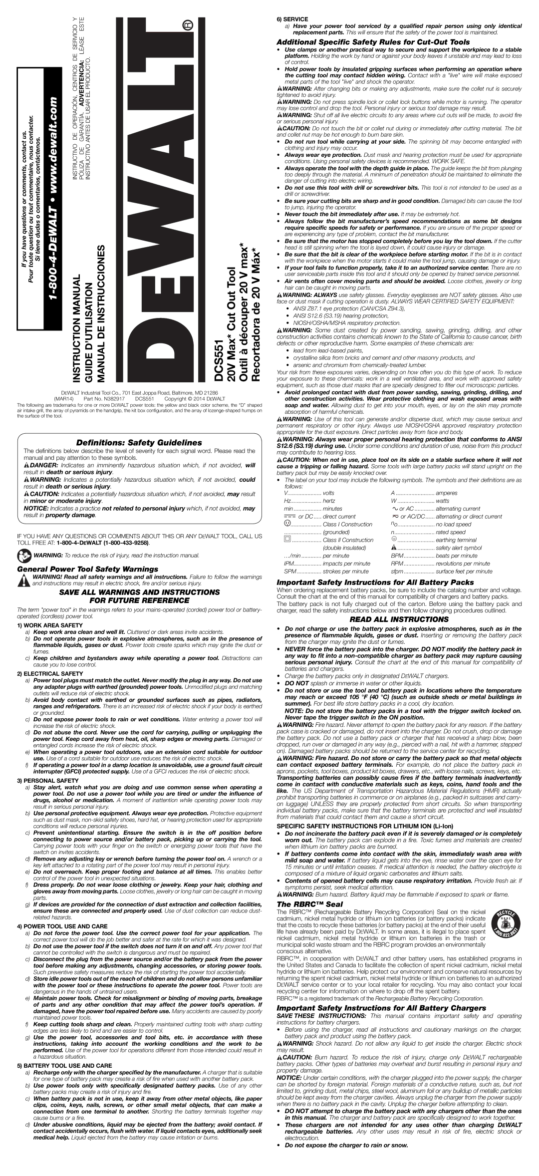 DeWalt DCS551 instruction manual Deﬁnitions Safety Guidelines, Save ALL Warnings and Instructions For Future Reference 