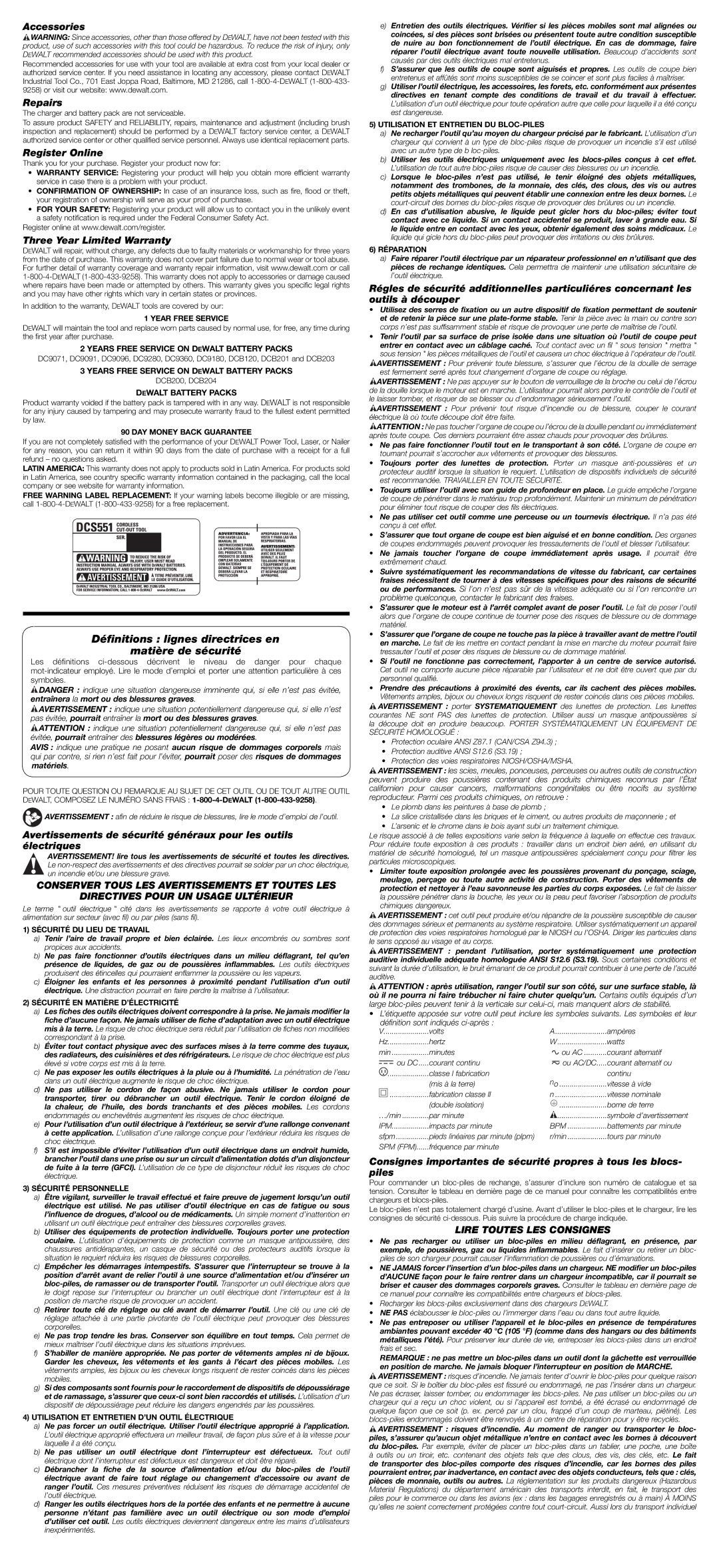 DeWalt DCS551 instruction manual Déﬁnitions lignes directrices en Matière de sécurité, Accessories Repairs, Register Online 