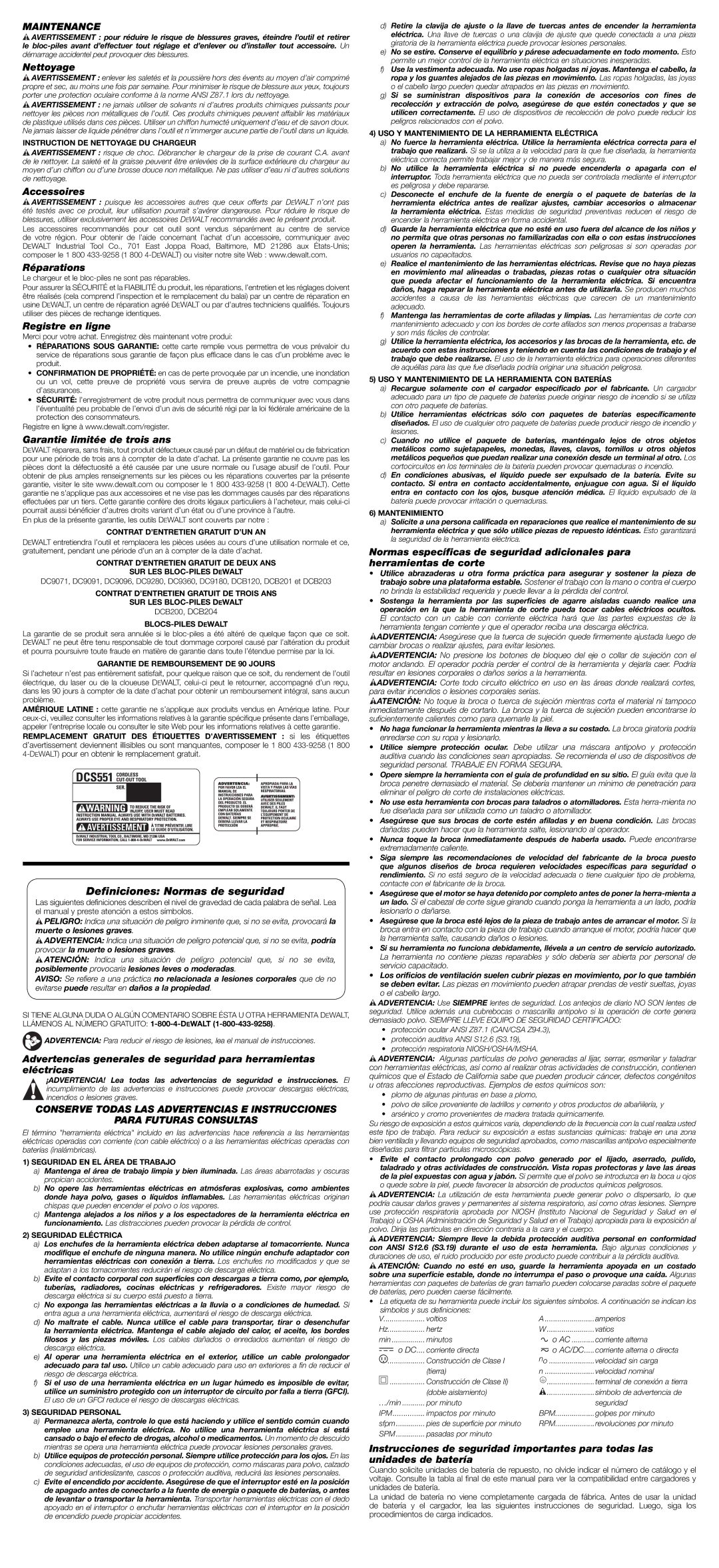 DeWalt DCS551 instruction manual Deﬁniciones Normas de seguridad 