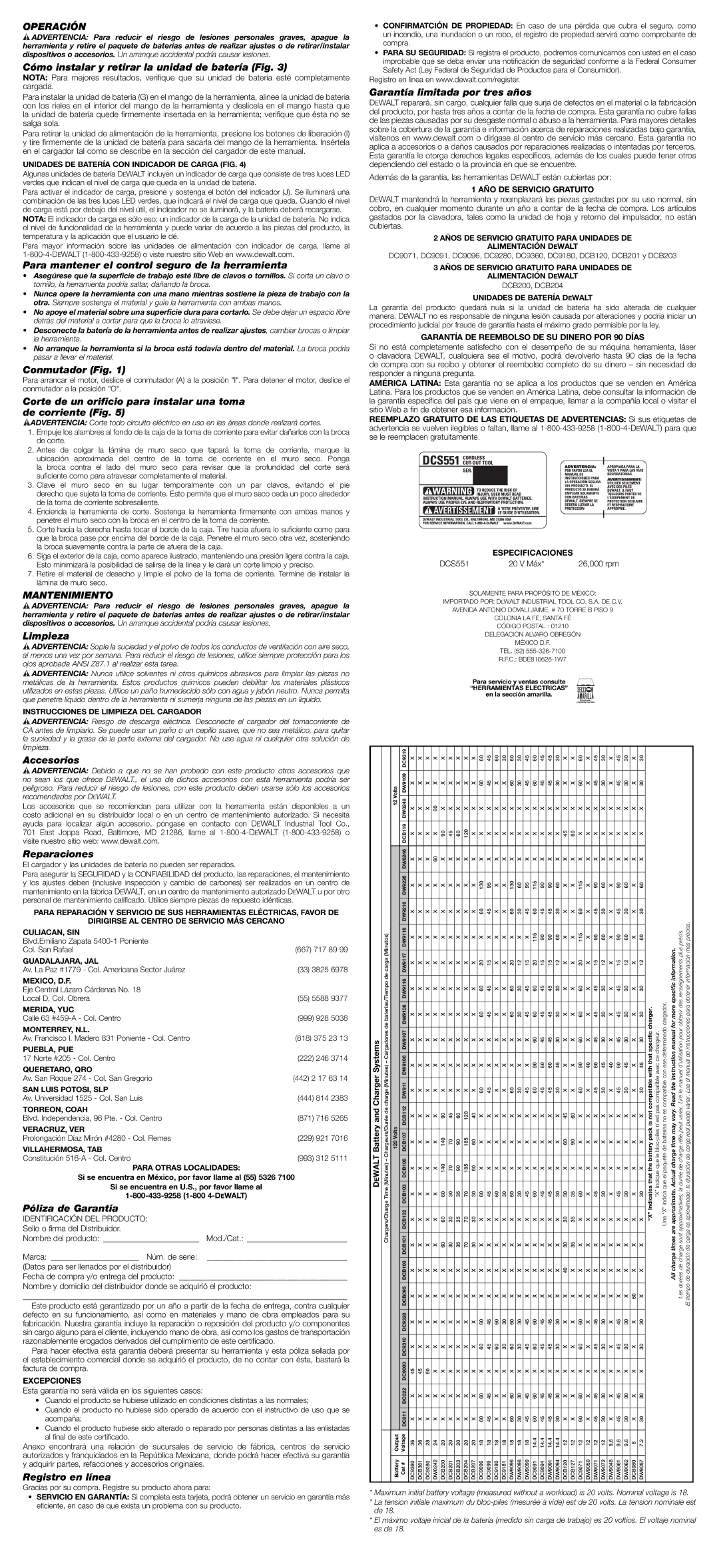 DeWalt DCS551 instruction manual Operación, Mantenimiento 