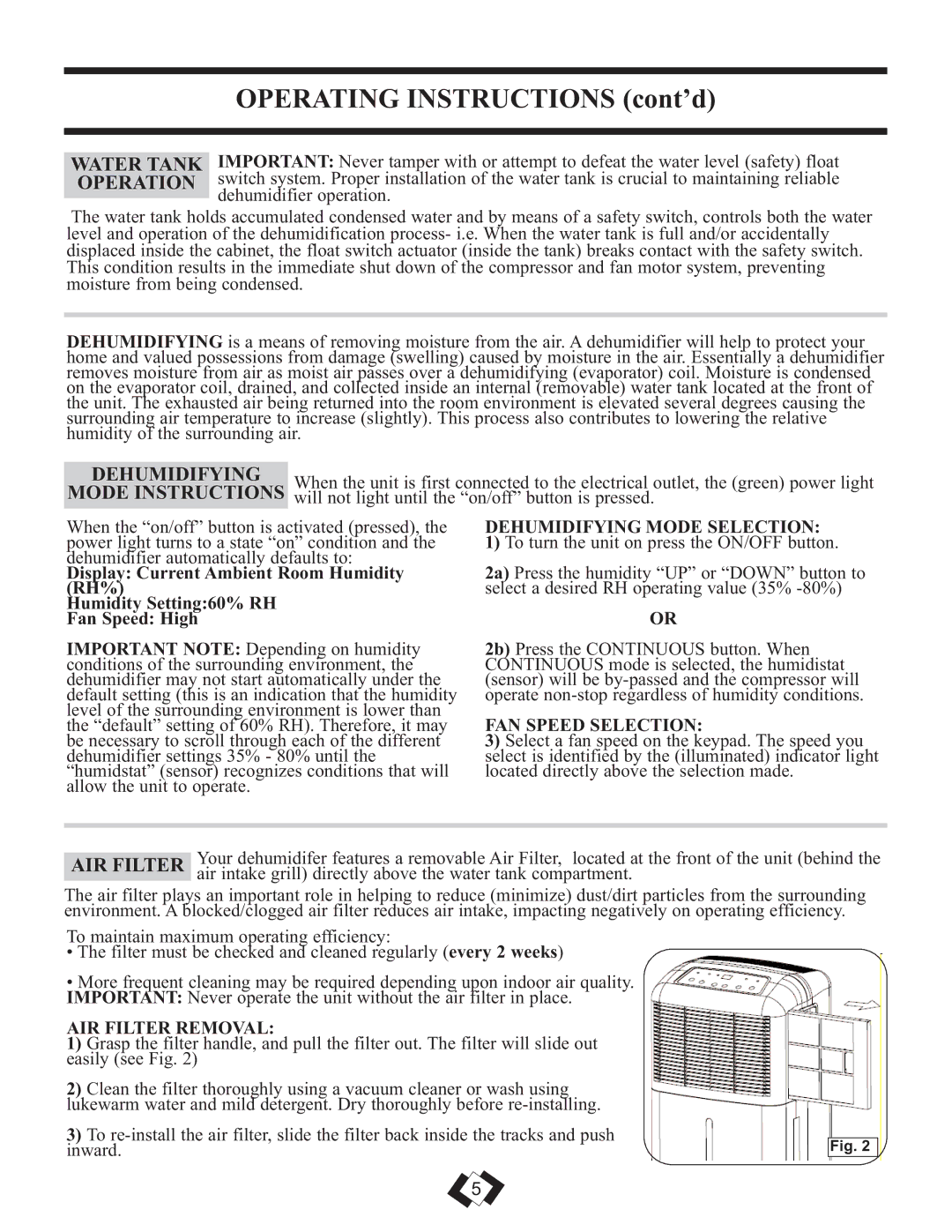 DeWalt DDR2509EE operating instructions Water Tank, Operation, Dehumidifying, Mode Instructions, AIR Filter 