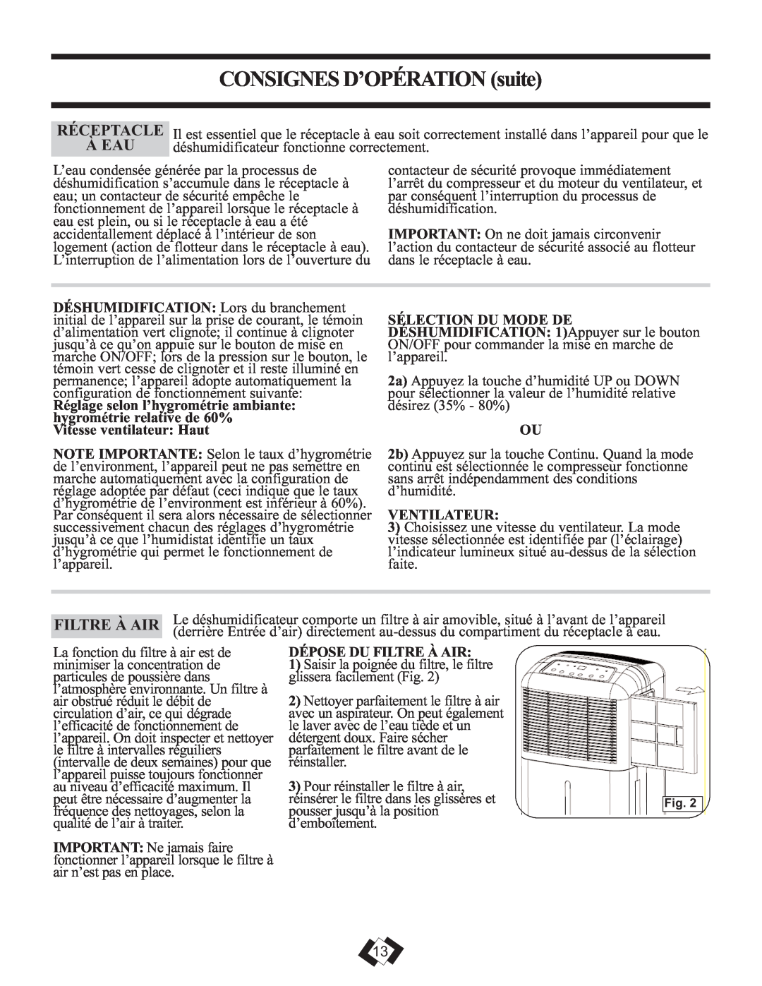 DeWalt DDR2509EE operating instructions CONSIGNESD’OPÉRATION suite, Ventilateur, Dépose Du Filtre À Air 